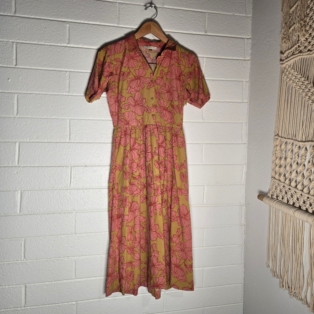 Downeast Women Midi Dress Floral Rayon Cotton Short Sleeve Pockets Bright Fall S